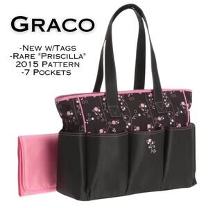 Graco Priscilla Diaper Bag NEW 7 Pocket Black Pink Bubble Floral Print Rare 2011